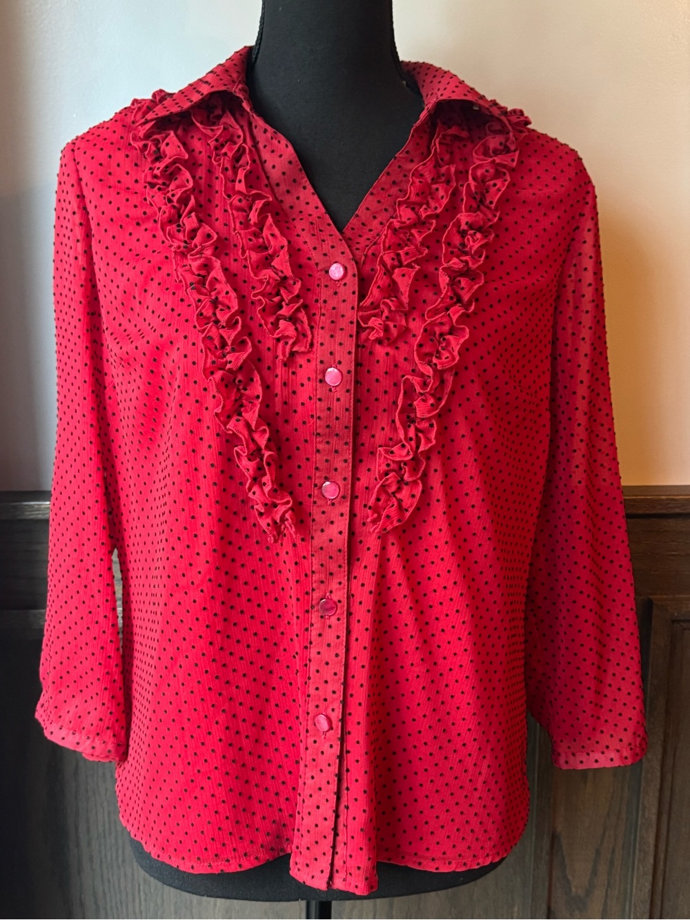Covington Red Ruffle Front Button-Down Blouse with Black Dot Print medium nwt